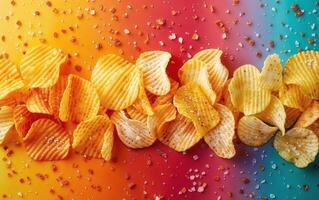 Overhead view of crispy potato chips with sea salt on a vibrant, multicolored background photo