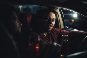 Night drive, two men in car on urban journey photo