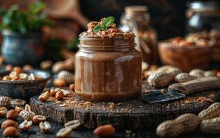 Artisanal peanut butter in glass jar surrounded by raw peanuts, on rustic wooden background photo