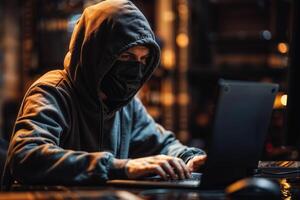 Hacker in hoodie engaging in cybercrime on laptop photo