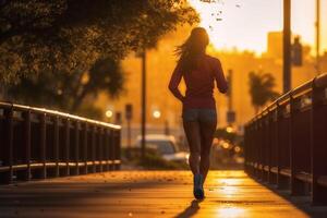 Woman jogging on a bridge against the backdrop of a sunset in the city photo