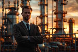 Confident businessman at industrial site at sunset photo