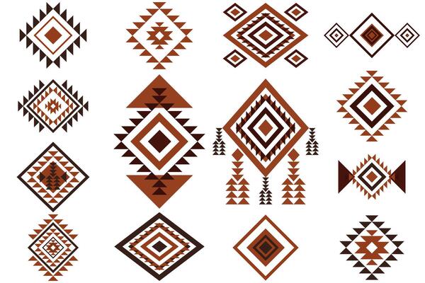 Aztec ethnic motif. Native american geometric pattern, colored mexican tribal art elements for logo tattoo fabric design. isolated set. Colorful ancient culture symbols or ornament by set.