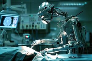 Robot doctor, surgeon in operating room. technologies of the future, a robot performs an operation photo
