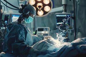 Robot doctor, surgeon in operating room. technologies of the future, a robot performs an operation photo
