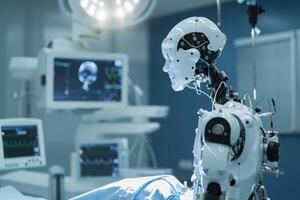 Robot doctor, surgeon in operating room. technologies of the future, a robot performs an operation photo