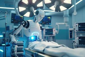 Robot doctor, surgeon in operating room. technologies of the future, a robot performs an operation photo