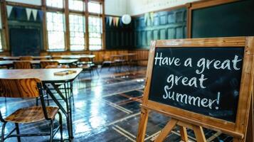 Empty school classroom with wooden desks and a chalkboard message wishing a great summer photo