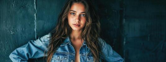 Portrait of a stylish young woman against a rustic wooden background photo