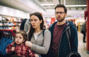 Young family with worried expressions shopping in a grocery store aisle photo