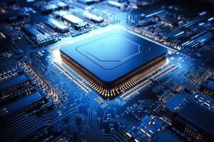 Futuristic processor on blue circuit board photo