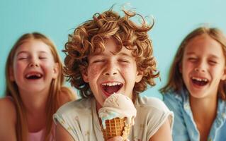 Joyful kids enjoying a delicious ice cream on a bright background photo