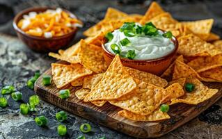 Tasty tortilla chips served with a fresh sour cream and onion dip garnished with green onions photo