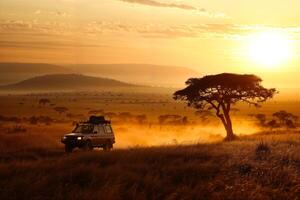 Golden safari sunset with off-road vehicle photo