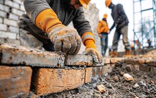 Detailed view of a builder's hands installing bricks with colleagues in the background on a construction site photo