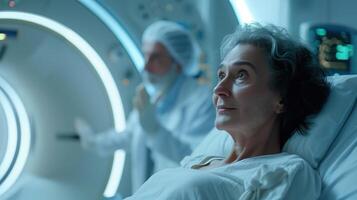 Patient undergoing a ct scan with radiologist operating machine photo