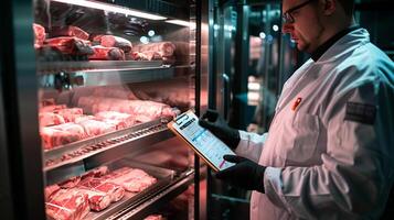 Quality control inspection in meat storage facility photo