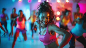 Energetic dance workout in vibrant fitness studio photo