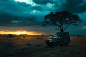 4x4 on an african safari with elephants under a dramatic sunset sky photo
