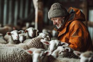 Shepherd with flock in rustic barn photo