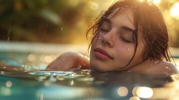 Serene woman relaxing in water at sunset photo