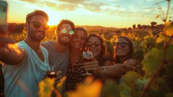 Group of happy friends taking a selfie while sipping wine in a vineyard at golden hour photo