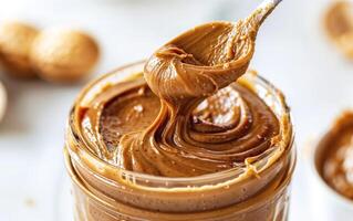 Close up of a thick, creamy peanut butter swirl in a gourmet, organic jar with a shiny, rich texture, perfect for a nutritious, proteinpacked snack or spread photo
