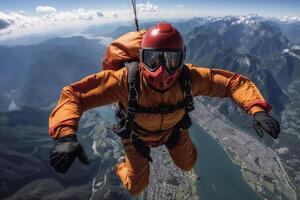 Skydiver in freefall over mountainous landscape photo