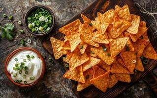 Appetizing sour cream, onion and chips with dip and fresh green onion garnish photo