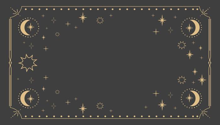 Golden celestial minimal esoteric frame, thin line border, mystyc linear decoration with dots, moon, stars corners isolated on dark background. Geometric shape, tarrot