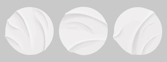 Glued circle paper wrinkled effect sticker, empty frame, badge mockup isolated. Set round tags textured patches. Crumpled poster, label vector