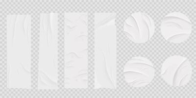 Glued circle paper wrinkled effect sticker, empty frame, badge mockup isolated. Set round tags textured patches. Crumpled poster, label vector