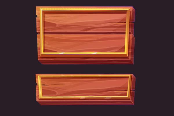 Golden frame wooden plank game medieval menu, user interface shiny border. Empty borders in medieval style, fantasy decoration different shapes isolated on dark background.
