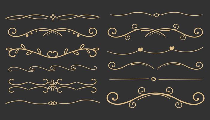 Elegant gold divider thin line classic deco border separator collection isolated on dark background. Florish arnament, embelish.