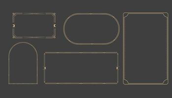 Golden celestial minimal esoteric frame, thin line border, mystyc linear decoration with dots, moon, stars corners isolated on dark background. Geometric shape, tarrot vector
