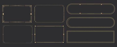 Line golden frame, celestiam minimal esoteric border, mystyc linear decoration with dots, corners isolated on dark background. Geometric shape, tarrot vector