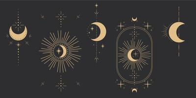 Set gold moon celestial tattoo or tarot astrology magic element with rays, stars, burst minimal line border or decoration isolated on dark background. Space symbols, emblem. vector