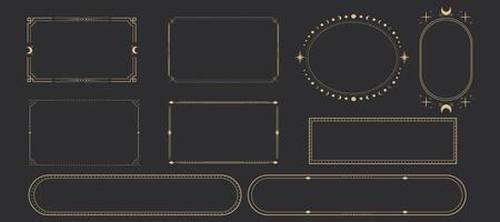 Line golden frame, celestiam minimal esoteric border, mystyc linear decoration with dots, corners isolated on dark background. Geometric shape, tarrot vector