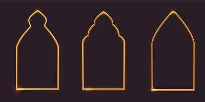 Gold arch thin line border, arab door window minimal frame on dark background. Modern golden elegant decotation. vector