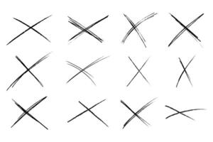 Cross sketch grunge scribble set X shape sign, mark on white background. Strikethrough textured brush charcoal or marker hand drawn lines. vector