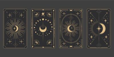 Set tarot frame border with golden celestial elements, esoteric astrology mystery ornament with moon, star isolated on dark background. vector