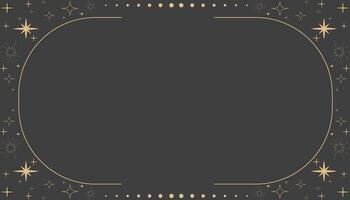 Golden celestial minimal esoteric frame, thin line border, mystyc linear decoration with dots, moon, stars corners isolated on dark background. Geometric shape, tarrot vector