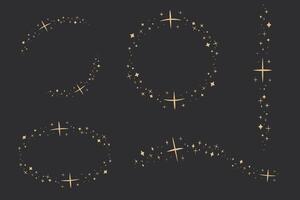 Gold star arch celestial, blink star mystic ornament frame, shiny minimal decoration, border on dark background. Shiny elements, starry and dots silhouettes. Comets stars and abstract constellations. vector