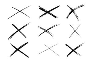 Cross sketch grunge scribble set X shape sign, mark on white background. Strikethrough textured brush charcoal or marker hand drawn lines. vector