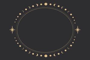 Line golden oval frame, celestial tarot minimal esoteric border, mystyc linear decoration with dots, stars isolated on dark background. vector