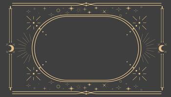 Golden celestial minimal esoteric frame, thin line border, mystyc linear decoration with dots, moon, stars corners isolated on dark background. Geometric shape, tarrot vector