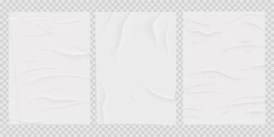 Glued sticky set white skotch tape paper stripe. Crumped surface label, mockup sticker. Rectangle piece, wrapped page on transparent background. vector
