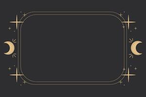 Line golden frame, celestial moon minimal esoteric border, mystyc linear decoration with dots, corners isolated on dark background. Geometric shape, tarrot vector