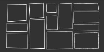 Chalk Rectangle frame cadre, edge grunge border, text box textured isolated on dark background. Hand drawn decorative stroke, vintage sketch icon vector