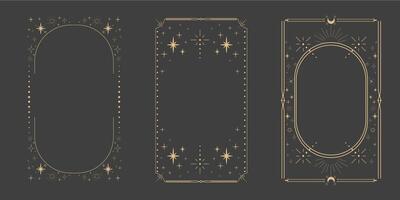 Golden celestial minimal esoteric frame, thin line border, mystyc linear decoration with dots, moon, stars corners isolated on dark background. Geometric shape, tarrot vector
